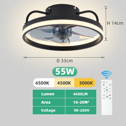 55W Smart Ceiling Fan Fans with Lights Remote Control Bedroom Decor Ventilator Lamp 33Cm Air Invisible Blades Silent