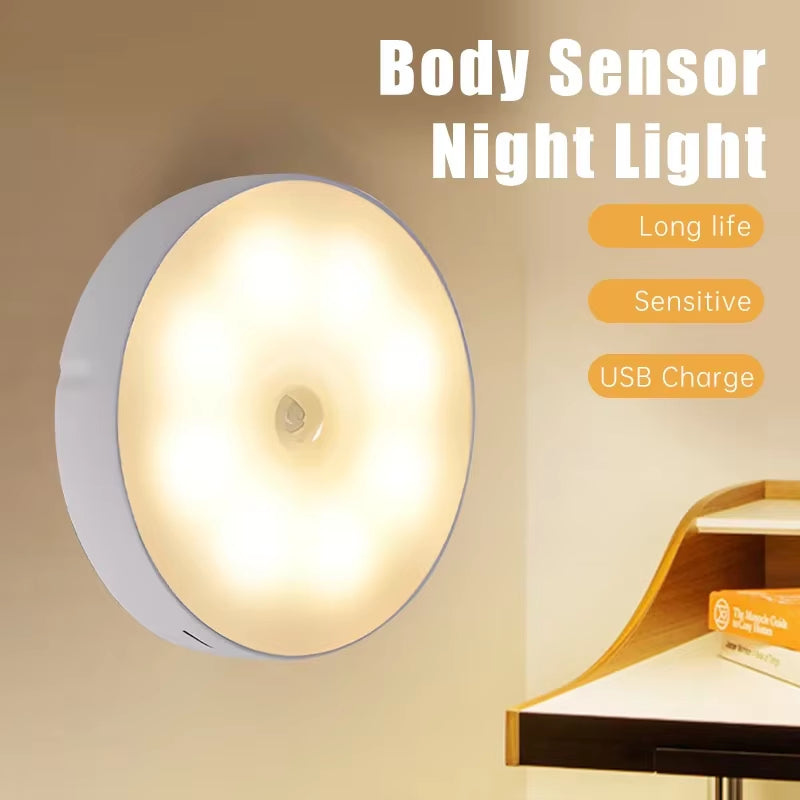 Motion Sensor LED Night Light Rechargeable Lamp Human Intelligent Sensor Light Bedroom USB Circular Cabinet Induction Light