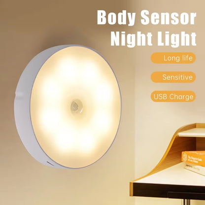 Motion Sensor LED Night Light Rechargeable Lamp Human Intelligent Sensor Light Bedroom USB Circular Cabinet Induction Light