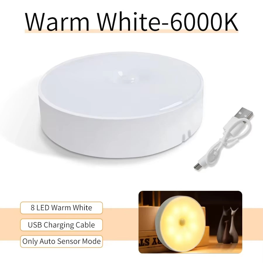 Motion Sensor LED Night Light Rechargeable Lamp Human Intelligent Sensor Light Bedroom USB Circular Cabinet Induction Light