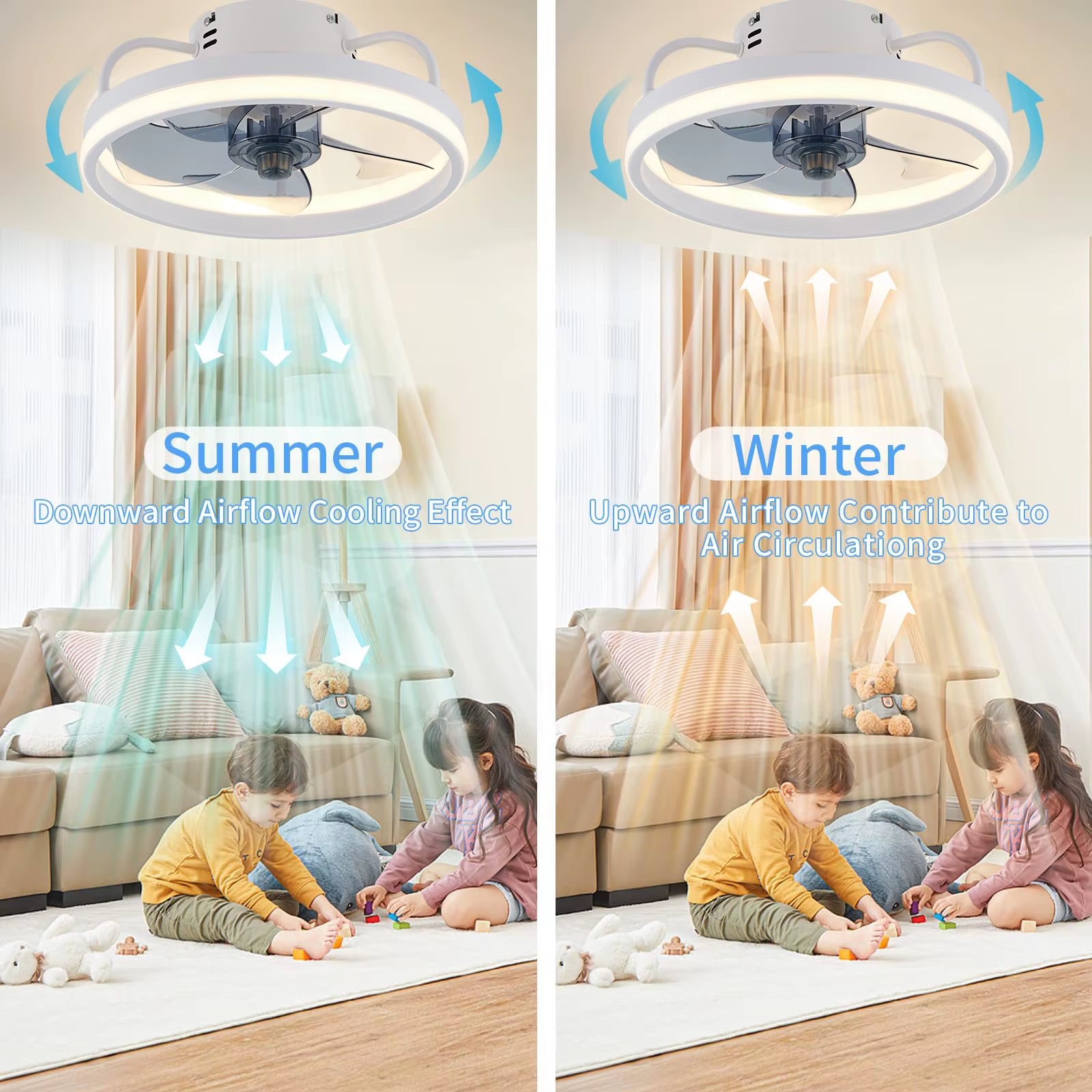 55W Smart Ceiling Fan Fans with Lights Remote Control Bedroom Decor Ventilator Lamp 33Cm Air Invisible Blades Silent