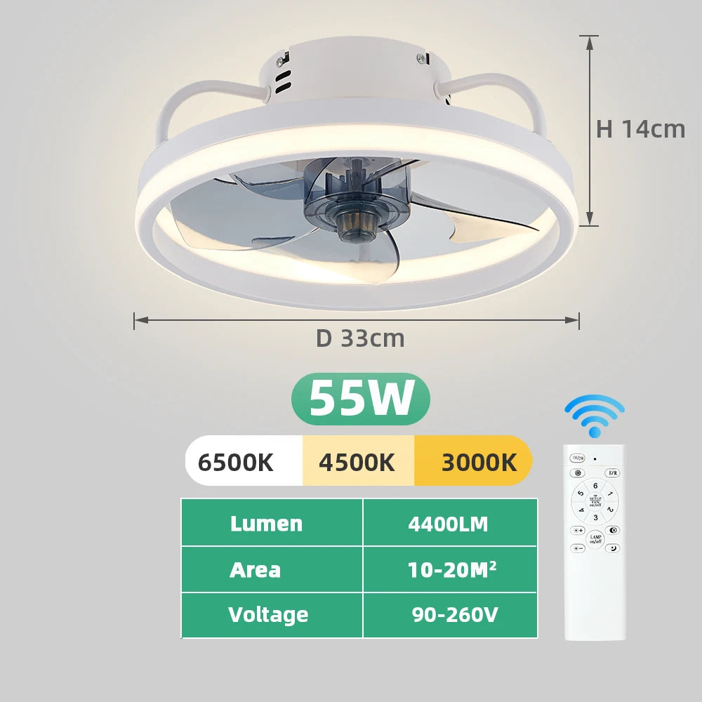 55W Smart Ceiling Fan Fans with Lights Remote Control Bedroom Decor Ventilator Lamp 33Cm Air Invisible Blades Silent
