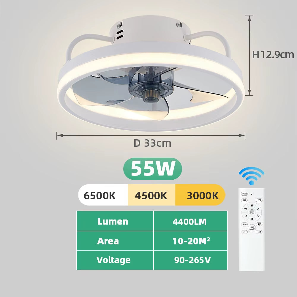 55W Smart Ceiling Fan Fans with Lights Remote Control Bedroom Decor Ventilator Lamp 33Cm Air Invisible Blades Silent