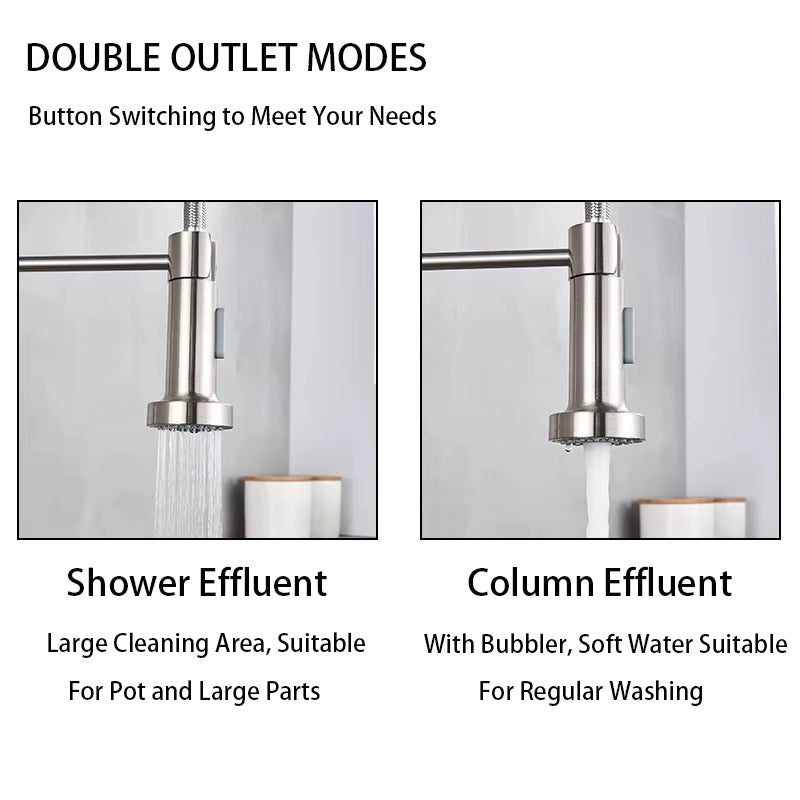 Spring Brushed Nickel Kitchen Faucet Deck Mounted Mixer Tap 360 Degree Rotation Stream Sprayer Nozzle Kitchen Sink Hot Cold Taps