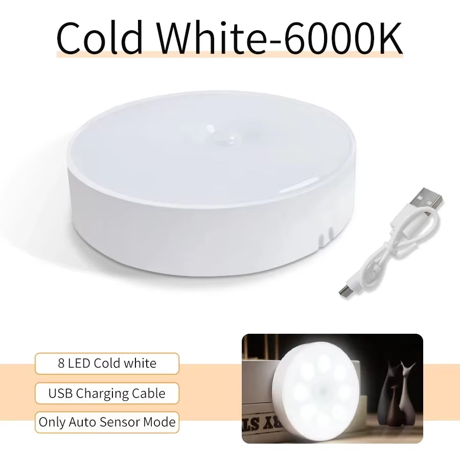 Motion Sensor LED Night Light Rechargeable Lamp Human Intelligent Sensor Light Bedroom USB Circular Cabinet Induction Light