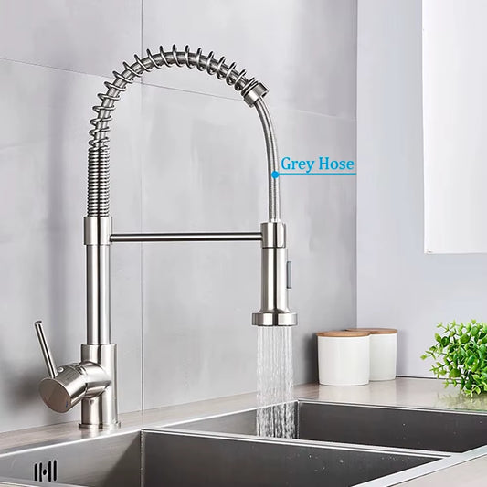 Spring Brushed Nickel Kitchen Faucet Deck Mounted Mixer Tap 360 Degree Rotation Stream Sprayer Nozzle Kitchen Sink Hot Cold Taps